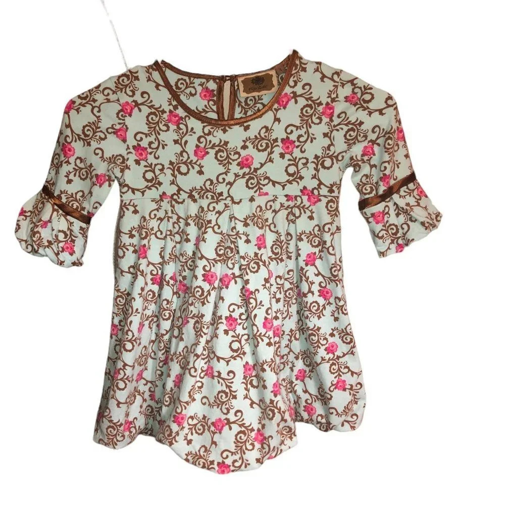 VINTAGE COUTURE Sz 4 Girls Toddlers Floral Lt. Blue & Brown Flannel Dress